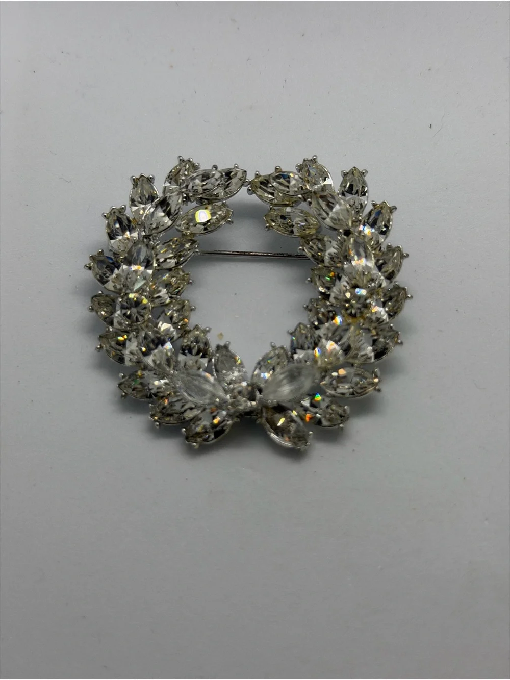 Vintage Crystal Wreath Brooch - Clear Rhinestone Circle Pin